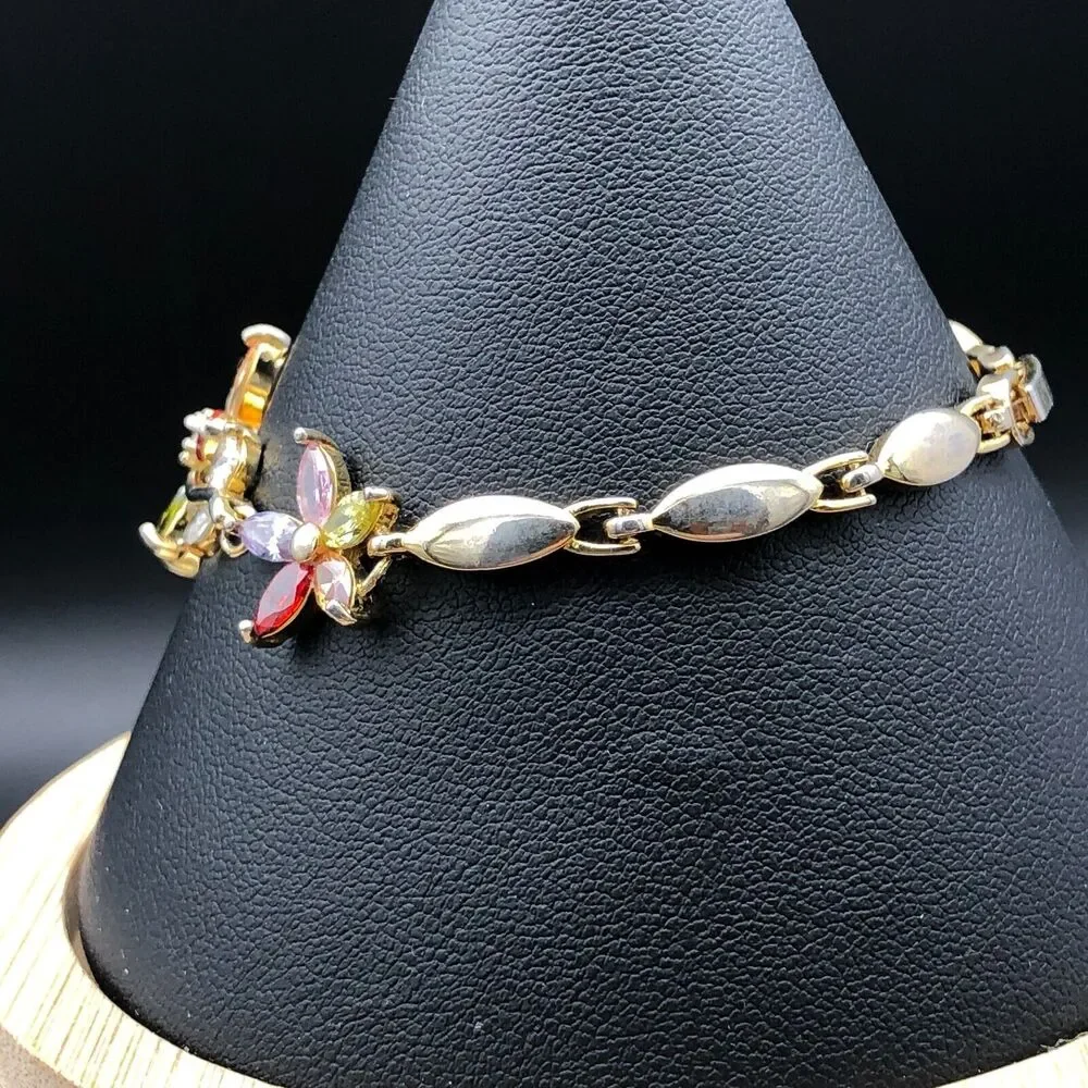 Multi Color Crystal Bracelet 6.5 inch Rhinestone Flower Link Leaf Vine Gold Tone - Picture 4 of 10